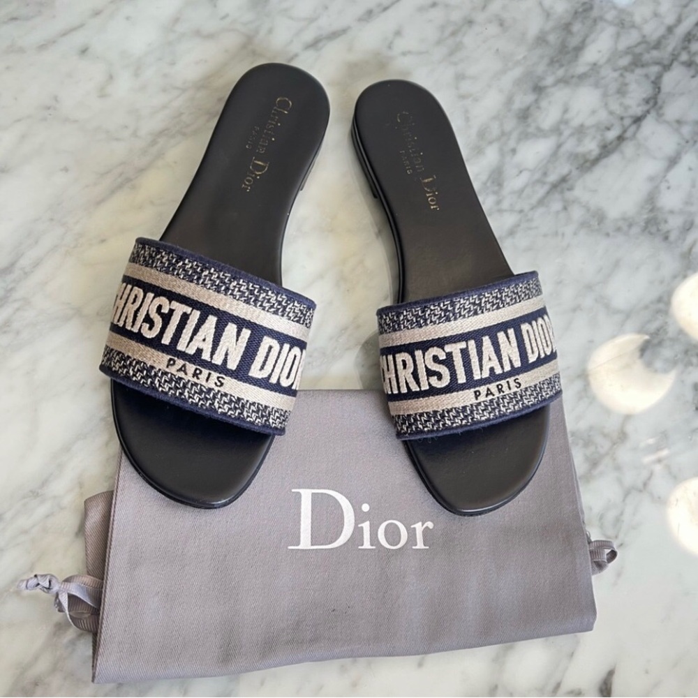 Christian Dior Canvas Embroidered Dway Mules Slide Sandals Deep Blue 7.5